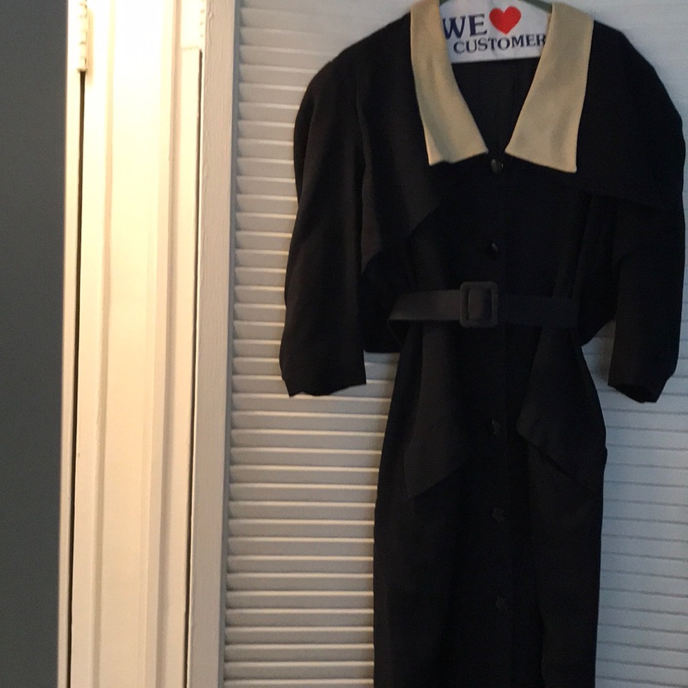 Navy wool dress white collar and cape shoulder